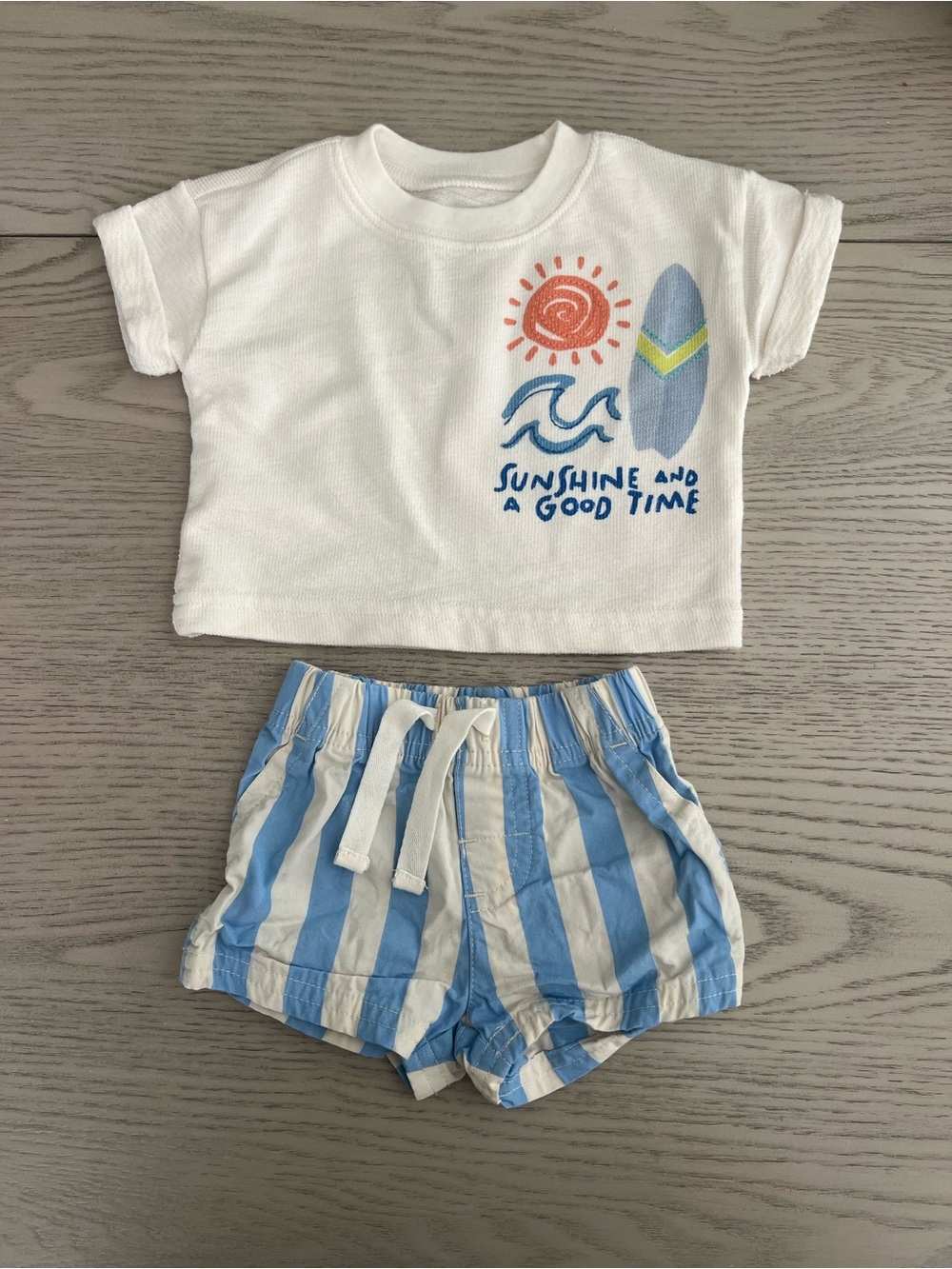 Newborn White Surf Graphic Tee & Blue Striped Shorts Matching Set